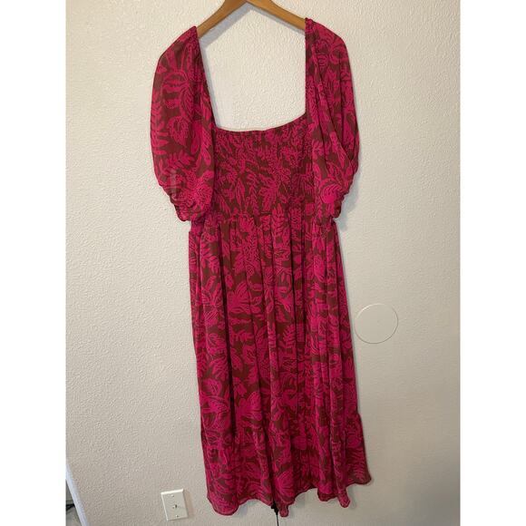 Torrid Cottage Core Smocked Bust Puff Sleeve Red Floral Midi Dress Size 2 (2X) - Picture 7 of 13